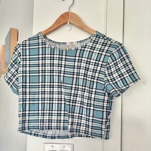 #60 Ardene 90s Teal, Black and White Plaid Crop T-Shirt